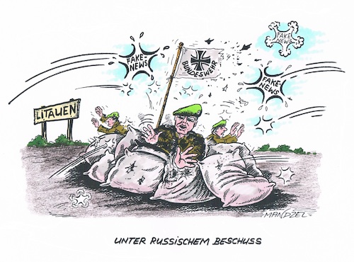 Cartoon: BW unter Fake-Beschuss (medium) by mandzel tagged bundeswehr,litauen,russland,fakenews,beschuss,bundeswehr,litauen,russland,fakenews,beschuss