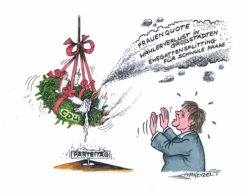 Cartoon: Der Adventskranz häng schief (medium) by mandzel tagged cdu,parteitag,uneinigkeit,schieflage,jede,menge,qualm,cdu,parteitag,uneinigkeit,schieflage,jede,menge,qualm