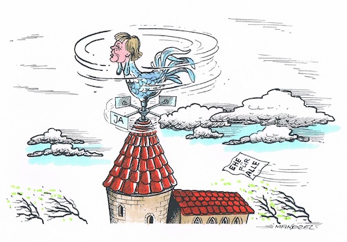 Cartoon: Der Wind hat sich gedreht (medium) by mandzel tagged merkel,homoehe,meinungsänderung,deutschland,bundestagsabstimmung,wahlen,merkel,homoehe,meinungsänderung,deutschland,bundestagsabstimmung,wahlen