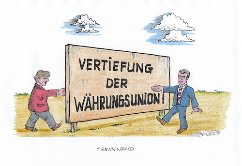 Cartoon: Deutsch-Franz. Zwischenwand (medium) by mandzel tagged macron,merkel,eu,frankreich,deutschland,reform,finanzen,macron,merkel,eu,frankreich,deutschland,reform,finanzen