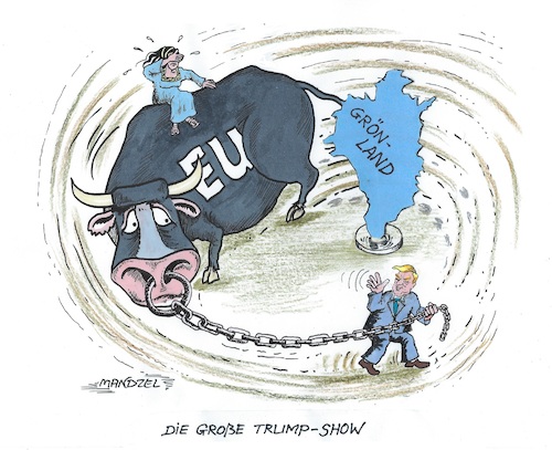 Cartoon: Die große Nummer (medium) by mandzel tagged trump,eu,grönland,politik,zölle,erpressung,trump,eu,grönland,politik,zölle,erpressung