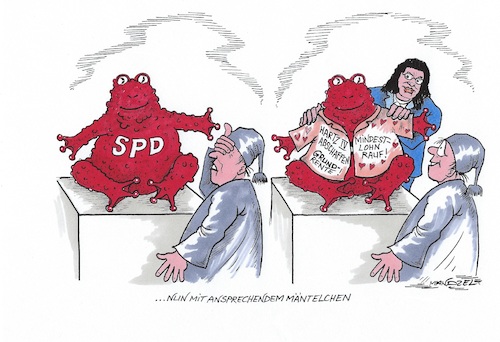 Cartoon: Die rote Kröte wird geschönt (medium) by mandzel tagged spd,nahles,sozialreformen,grundrente,mindestlohn,hartz,spd,nahles,sozialreformen,grundrente,mindestlohn,hartz