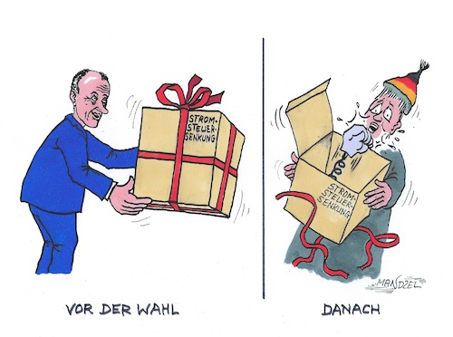 Cartoon: Die übliche Prozedur (medium) by mandzel tagged merz,politik,versprechen,strompreisreduzierungen,cdu,merz,politik,versprechen,strompreisreduzierungen,cdu