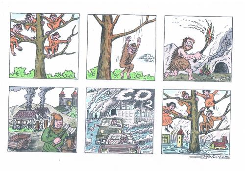 Cartoon: Entwicklung der Menschheit (medium) by mandzel tagged affen,auf,den,bäumen,klimakatastrophe,wasserüberschwemmung,dunstglocke,verbrennung,co2,anreicherung