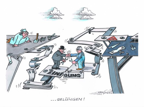 Cartoon: Ergebnis harter Arbeit (medium) by mandzel tagged igm,arbeitnehmer,arbeitgeber,tarifverhandlungen,stahlkonstruktion,einigung,igm,arbeitnehmer,arbeitgeber,tarifverhandlungen,stahlkonstruktion,einigung