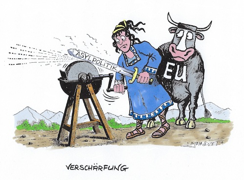 Cartoon: EU verschärft ihre Asylpolitik (medium) by mandzel tagged asylpolitik,flüchtlinge,verschärfung,europa,migranten,asylpolitik,flüchtlinge,verschärfung,europa,migranten