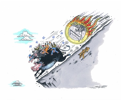 Cartoon: Euro als Gefahr (medium) by mandzel tagged athen,brennender,euro,euromitgliedsländer,in,panik,abgrund,griechenland,wahlen,eurozone,europa,schulden,krise