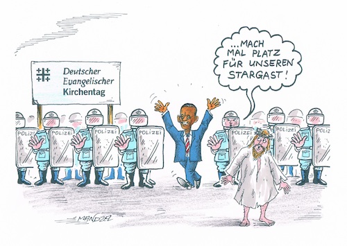 Cartoon: Evangelischer Kirchentag (medium) by mandzel tagged kirchentag,deutschland,obama,jesus,sicherheitsmaßnahmen,kirchentag,deutschland,obama,jesus,sicherheitsmaßnahmen