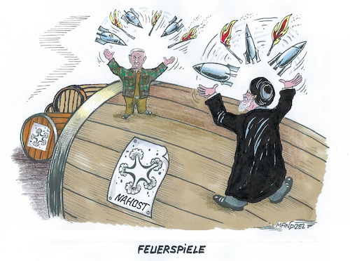 Cartoon: Feuertänzer auf dem Pulverfass (medium) by mandzel tagged iran,israel,feuertänzer,terroristen,kriegstreiber,menschenverächter,kriegsverbrecher,iran,israel,feuertänzer,terroristen,kriegstreiber,menschenverächter,kriegsverbrecher