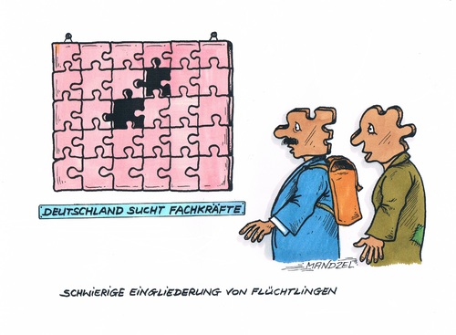 Cartoon: Flüchtlinge als Fachkräfte (medium) by mandzel tagged flüchtlinge,asyl,deutschland,arbeit,fachkräfte,integration,flüchtlinge,asyl,deutschland,arbeit,fachkräfte,integration