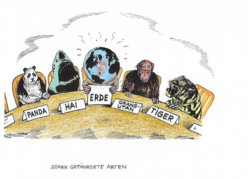 Cartoon: Gefährdete Arten (medium) by mandzel tagged artenvielfalt,weltkonferenz,paris,gefährdung,tiere,pflanzen,artenvielfalt,weltkonferenz,paris,gefährdung,tiere,pflanzen