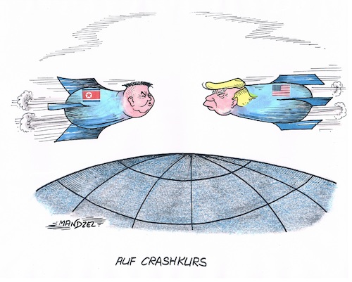 Cartoon: Gefährliche Knalltüten (medium) by mandzel tagged trump,kim,nordkorea,usa,atomprogramm,guam,provokationen,kriegsgefahr,trump,kim,nordkorea,usa,atomprogramm,guam,provokationen,kriegsgefahr