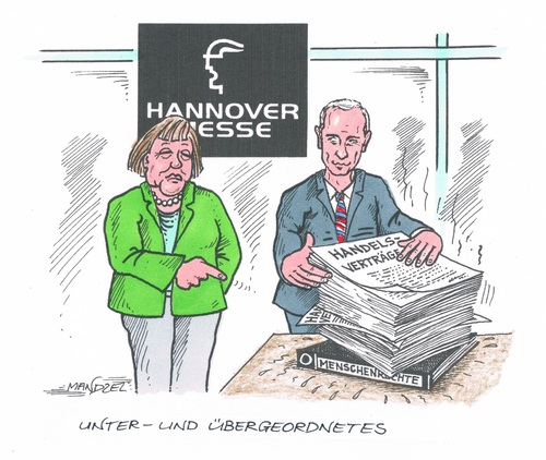 Cartoon: Hannovermesse mit Putin (medium) by mandzel tagged putin,merkel,hannovermesse,menschenrechte,handelsverträge,putin,merkel,hannovermesse,menschenrechte,handelsverträge