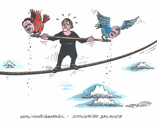 Cartoon: Hochseilakt (medium) by mandzel tagged koalitionsverhandlungen,merkel,seehofer,gabriel,hochseilakt,koalitionsverhandlungen,merkel,seehofer,gabriel,hochseilakt