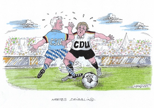 Cartoon: In der Asylpolitik hart am Ball (medium) by mandzel tagged asylpolitik,seehofer,merkel,deutschland,europa,wahlen,flüchtlinge,ausweisungen,asylpolitik,seehofer,merkel,deutschland,europa,wahlen,flüchtlinge,ausweisungen