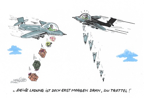 Cartoon: Irrsinnig (medium) by mandzel tagged krieg,hilfspakete,sinnlosigkeit,mord,humanität,krieg,hilfspakete,sinnlosigkeit,mord,humanität