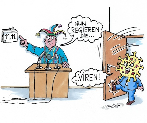 Cartoon: Karnevalsauftakt (medium) by mandzel tagged corona,karneval,narren,viren,sitzungen,schunkeln,ansteckungen,corona,karneval,narren,viren,sitzungen,schunkeln,ansteckungen