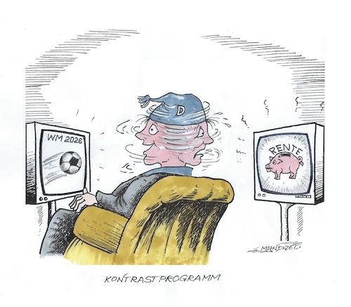 Cartoon: Kontrastprogramm (medium) by mandzel tagged fußball,rente,argwohn,deutschland,fußball,rente,argwohn,deutschland