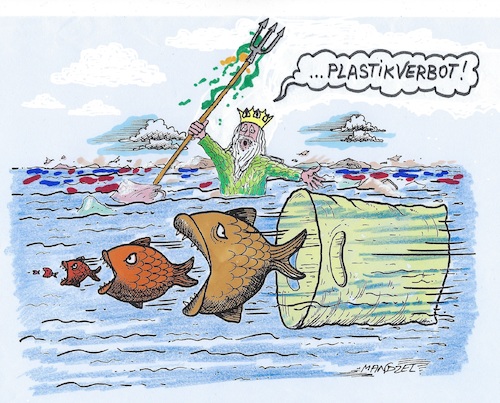 Cartoon: Kunststoff-Flut (medium) by mandzel tagged kunststoffe,wasser,umwelt,meere,neptun,verschmutzung,fischsterben,kunststoffe,wasser,umwelt,meere,neptun,verschmutzung,fischsterben