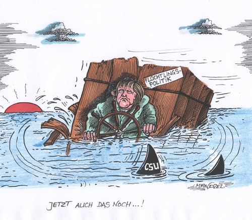 Cartoon: Kurs-Behinderungen (medium) by mandzel tagged flüchtlingspolitik,merkel,asyl,zuwanderer,csu,untergangsstimmung,flüchtlingspolitik,merkel,asyl,zuwanderer,csu,untergangsstimmung