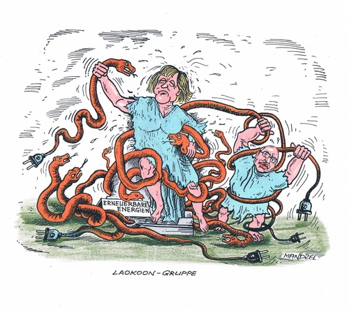 Cartoon: Laokoongruppe (medium) by mandzel tagged merkel,altmeier,laokoongrupppe,stromkabel,energiewende,schlangen,merkel,altmeier,laokoongrupppe,stromkabel,energiewende,schlangen