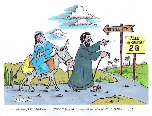 Cartoon: Maria und Josef (medium) by mandzel tagged corona,impfungen,pandemie,maria,joseph,bethlehem,herberge,stall,corona,impfungen,pandemie,maria,joseph,bethlehem,herberge,stall