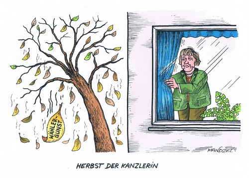 Cartoon: Merkel verliert Zustimmung (medium) by mandzel tagged wählergunst,merkel,kanzlerin,flüchtlinge,asyl,zustimmung,herbst,kanzlerin,merkel,wählergunst,flüchtlinge,asyl,zustimmung,herbst