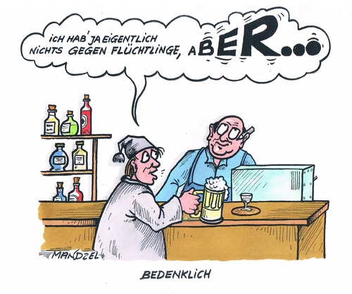 Cartoon: Michels Meinung (medium) by mandzel tagged flüchtlinge,asyl,michel,kneipe,zweifel,bedenken,flüchtlinge,asyl,michel,kneipe,zweifel,bedenken