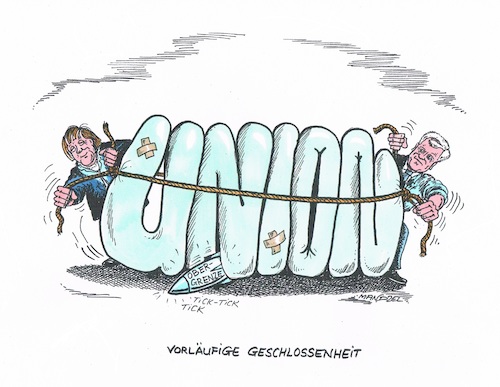 Cartoon: Neuer Zusammenhalt (medium) by mandzel tagged merkel,seehofer,csu,cdu,deutschland,mandzel,karikatur,wahlen,geschlossenheit,obergrenze,merkel,seehofer,csu,cdu,deutschland,mandzel,karikatur,wahlen,geschlossenheit,obergrenze