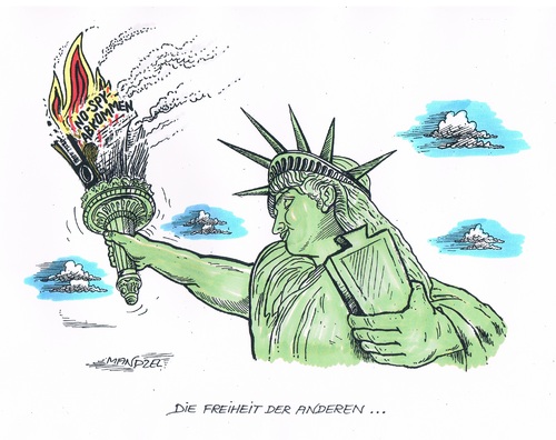Cartoon: Nicht-Abhör-Abkommen gescheiter (medium) by mandzel tagged aushorchen,freiheitsstatue,feuer,aushorchen,freiheitsstatue,feuer