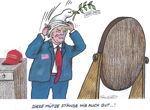 Cartoon: Nobelpreis-Kandidat (medium) by mandzel tagged trump,nobelpreis,netanjahu,nahost,gaza,iran,bombadierungen,trump,nobelpreis,netanjahu,nahost,gaza,iran,bombadierungen
