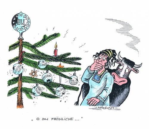 Cartoon: O du fröhliche Weihnachtszeit (medium) by mandzel tagged eu,tannenbaum,stier,angeschlagener,weihnachtsschmuck,eu,tannenbaum,stier,angeschlagener,weihnachtsschmuck