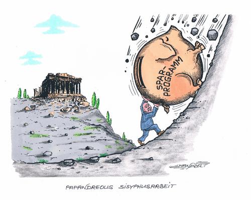 Cartoon: Papandreous Sisyphusarbeit (medium) by mandzel tagged sisyphus,griechenland,papandreou,sparschwein,euro,krise,schwere,last