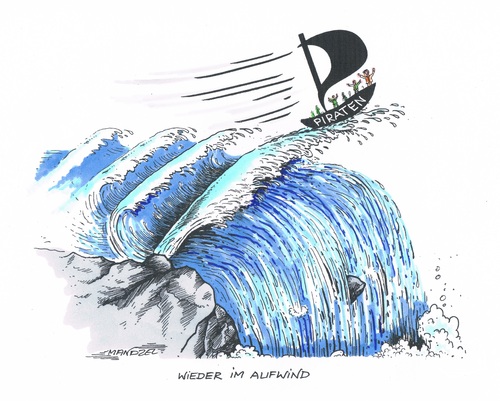 Cartoon: Piraten im Aufwind (medium) by mandzel tagged piratenpartei,wasserfall,wogen,wahlen,piratenpartei,wasserfall,wogen,wahlen