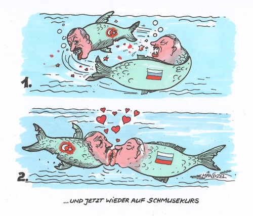 Cartoon: Putin und Erdogan (medium) by mandzel tagged russland,türkei,erdogan,putin,streit,schmusekurs,karikatur,mandzel,russland,türkei,erdogan,putin,streit,schmusekurs,karikatur,mandzel