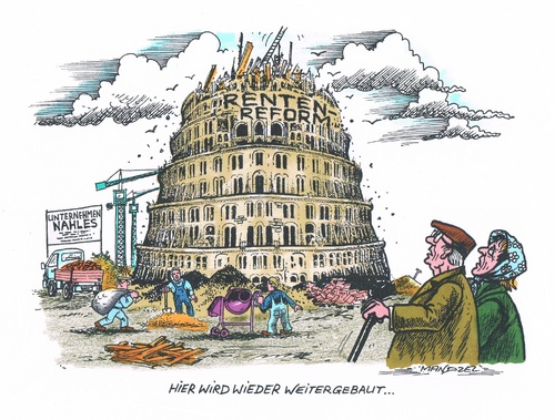 Cartoon: Renten-Babel (medium) by mandzel tagged rente,renteneintrittsalter,rentenniveau,rentenreform,altersarmut,bevölkerungsentwicklung,nahles,rentenbeiträge,rente,renteneintrittsalter,rentenniveau,rentenreform,altersarmut,bevölkerungsentwicklung,nahles,rentenbeiträge