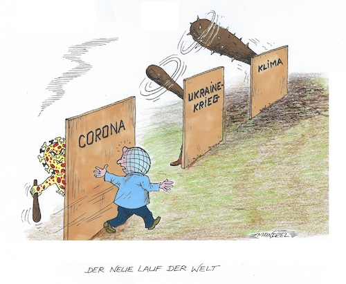Cartoon: Schlag auf Schlag (medium) by mandzel tagged corona,krieg,klima,zukunftsängste,schlag,corona,krieg,klima,zukunftsängste