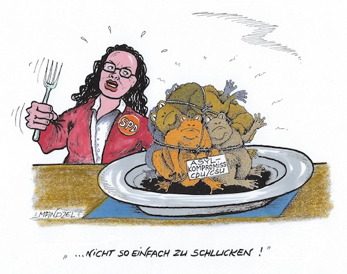 Cartoon: Schluckbeschwerden bei der SPD (medium) by mandzel tagged asyl,kompromiss,union,csu,cdu,spd,nahles,regierungskrise,bayern,deutschland,migranten,asyl,kompromiss,union,csu,cdu,spd,nahles,regierungskrise,bayern,deutschland,migranten