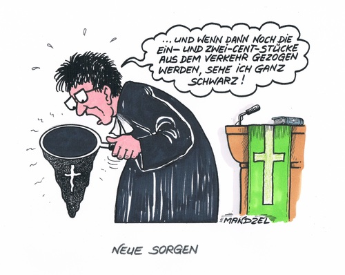 Cartoon: Schwarzsehen bei Centstücken (medium) by mandzel tagged abschaffung,centstücke,klingelbeutel,spendenrückgang,abschaffung,centstücke,klingelbeutel,spendenrückgang