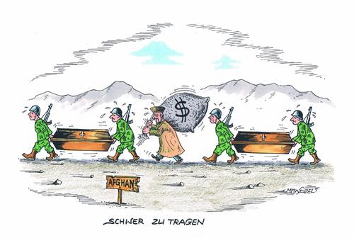 Cartoon: Schwer zu tragen (medium) by mandzel tagged soldaten,tot,krieg,särge,geldsäcke,afghanistan,schwere,last