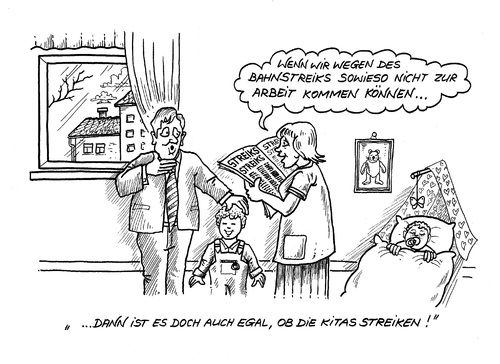 Cartoon: Streiks allerorten (medium) by mandzel tagged bahnstreik,kitastreik,kinderbetreuung,arbeitsweg,bahnstreik,kitastreik,kinderbetreuung,arbeitsweg