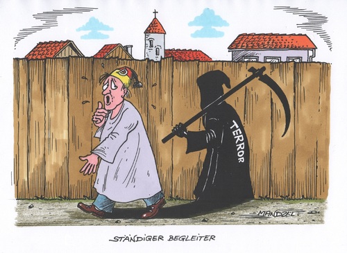 Cartoon: Terror als Dauerbegleitung (medium) by mandzel tagged deutschland,terror,michel,angst,schrecken,deutschland,terror,michel,angst,schrecken