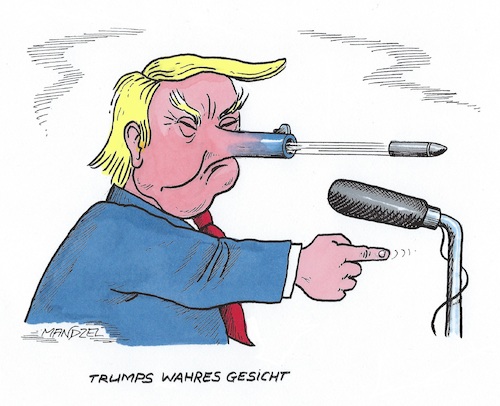 Cartoon: Trump-Rede (medium) by mandzel tagged trump,terror,waffen,frankreich,attentäter,tote,entsetzen,trump,terror,waffen,frankreich,attentäter,tote,entsetzen