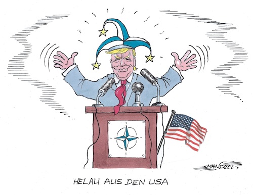 Cartoon: Trump in der Bütt (medium) by mandzel tagged trump,nato,russland,verteidigung,finanzbeiträge,europa,usa,trump,nato,russland,verteidigung,finanzbeiträge,europa,usa