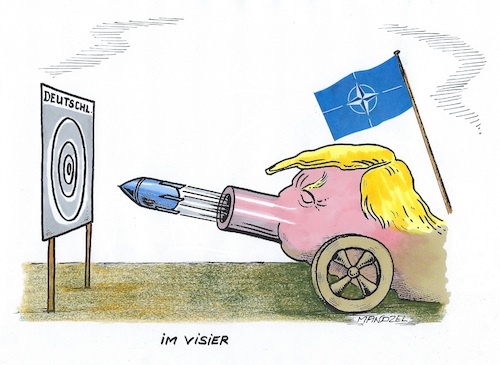 Cartoon: Trumps neue Zielscheibe (medium) by mandzel tagged natogipfel,trump,deutschland,gas,russland,usa,verteidigung,zahlungen,natogipfel,trump,deutschland,gas,russland,usa,verteidigung,zahlungen