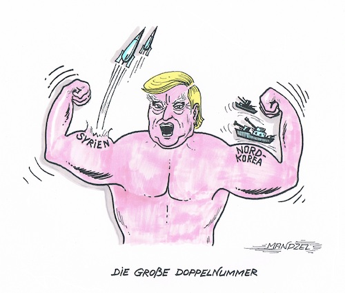 Cartoon: Trumps zweiseitiger Kraftakt (medium) by mandzel tagged trump,syrien,nordkorea,usa,giftgas,atomprogramm,strafaktion,muskelspiele,mandzel,karikatur,assad,kim,krieg,trump,syrien,nordkorea,usa,giftgas,atomprogramm,strafaktion,muskelspiele,mandzel,karikatur,assad,kim,krieg