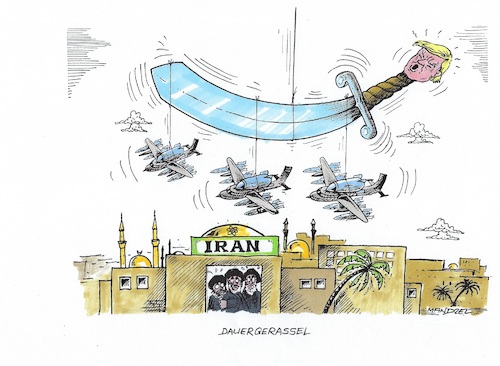 Cartoon: Unaufhörliches Säbelrasseln (medium) by mandzel tagged trump,usa,iran,ruhani,sanktionen,öl,atomvertrag,kriegsstimmung,trump,usa,iran,ruhani,sanktionen,öl,atomvertrag,kriegsstimmung