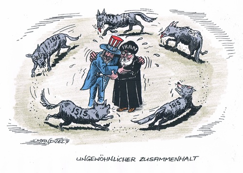 Cartoon: USA und Iran nähern sich an (medium) by mandzel tagged usa,iran,isis,wölfe,islamisten,usa,iran,isis,wölfe,islamisten