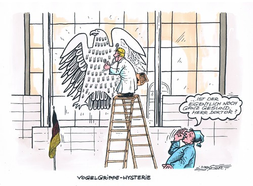Cartoon: Vogelgrippe (medium) by mandzel tagged vogelgrippe,hysterie,bundestag,vogelgrippe,hysterie,bundestag