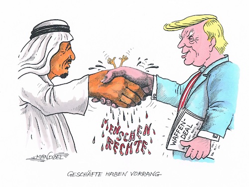 Cartoon: Vorrang für Geschäfte (medium) by mandzel tagged trump,orient,waffendeals,menschenrechte,salman,terror,öl,trump,orient,waffendeals,menschenrechte,salman,terror,öl